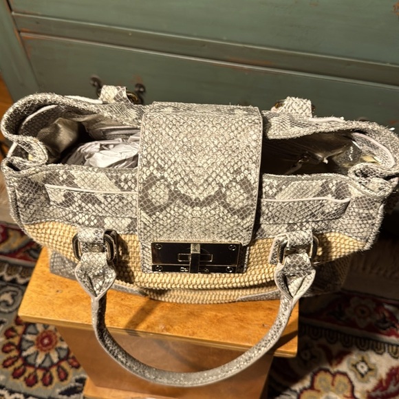 EUC Calvin Klein Tan Straw with Gray Imitation Snake Women's Bag - Picture 3 of 11